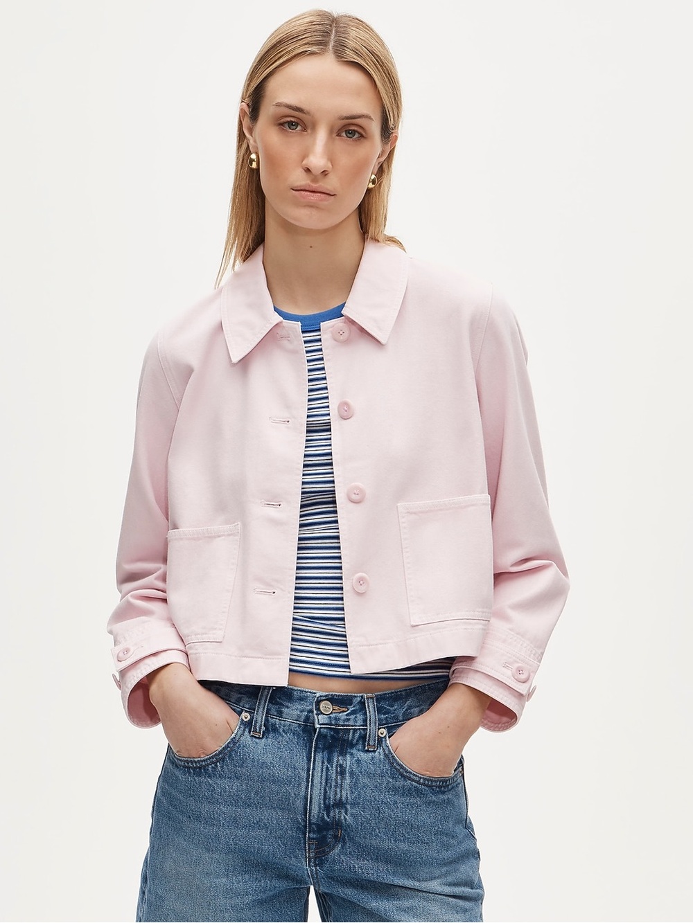 J. Crew Women's cropped Barn Jacket cotton twill in Peppermint Ice Pink Size XL